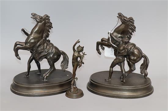 A pair of bronzed Marli horses and a small Mercury figure tallest 21cm